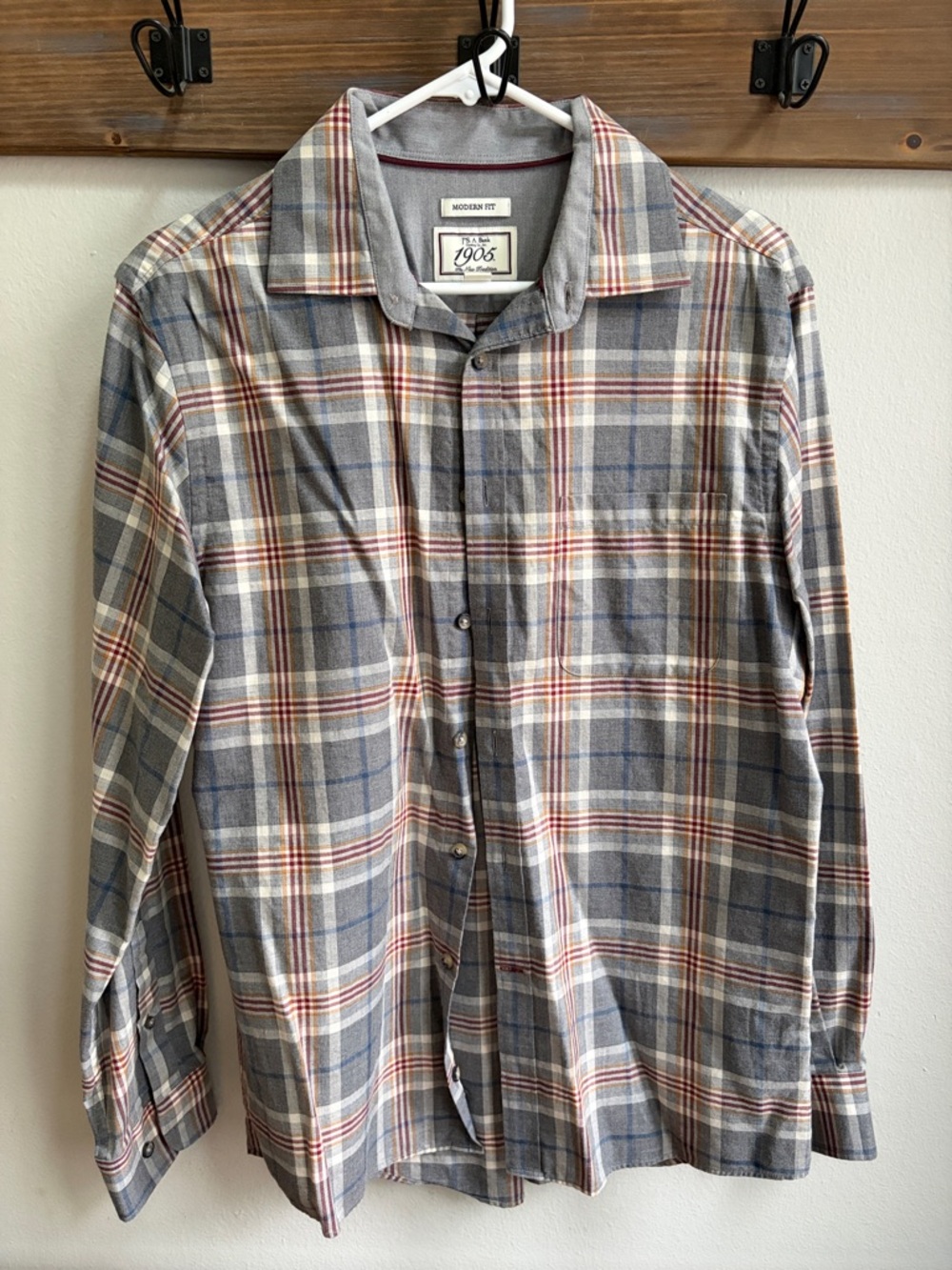 Jos. A. Bank Gray Plaid Button-Down Shirt with Red and Blue Accents